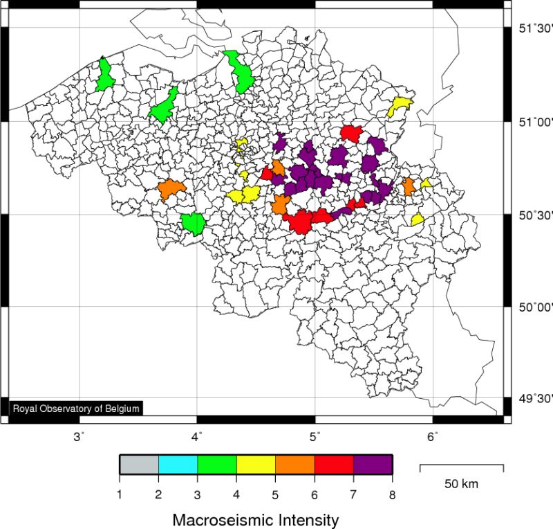 Carte macrosismique pour le tremblement de terre de 1828/02/23 en Hesbaye.